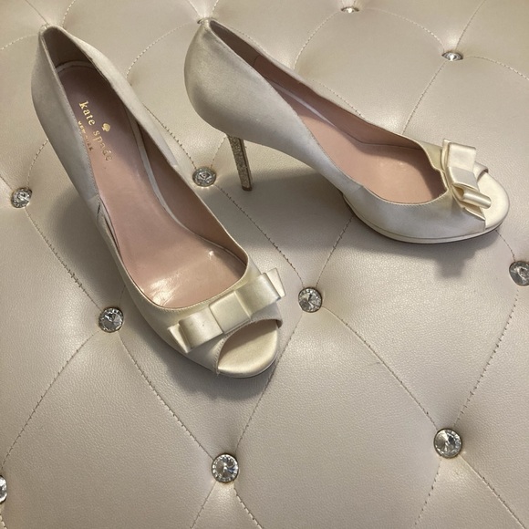 NEW Kate Spade Felisha Ivory Satin Glitter Heel Open Toe Heels Size 10.5B - Picture 9 of 16